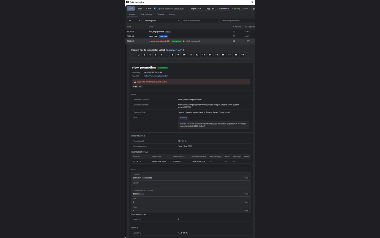 Extension side panel — event list