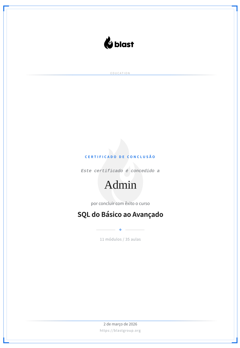 Certificado de conclusão do curso de SQL.